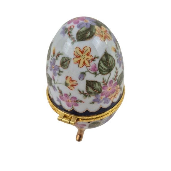 Egg Trinket Box Vintage Floral Porcelain Gold Accents Hinged Lid Tripod Legs - Picture 8 of 10